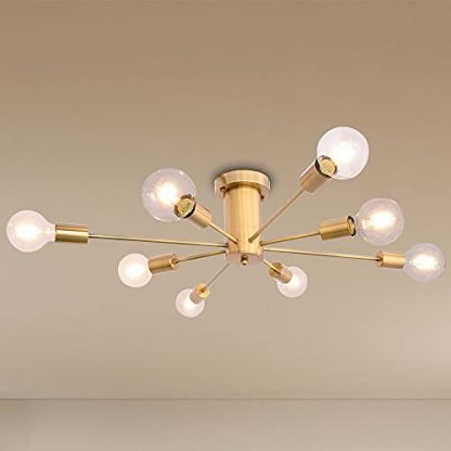 ASHUAQI Vintage Ceiling Light, Modern 8-Lights Retro Chandelier Lighting, Semi Flush Mount Fixture Industrial Ceiling Lamp for Living Room, Dining Room, Kitchen, Bedroom, Hallway (Gold)