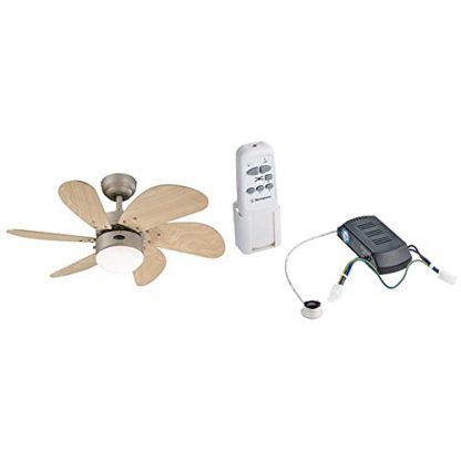 Westinghouse Lighting 78158 Turbo Swirl One 76 cm Six Indoor Ceiling Fan, Opal Frosted Glass, wood, Titanium Finish with Light Maple Blades & 78095 Ceiling Fan and Light Infrared Remote Control, White