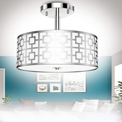 Depuley Semi Flush Mount Ceiling Light, Silver Iron Drum Chandelier Lighting, Modern Pendant Light with 3 Bulb Socket in Chrome Finish for Bedroom Dining Living Room Hallway Foyer(Bulbs No Included)