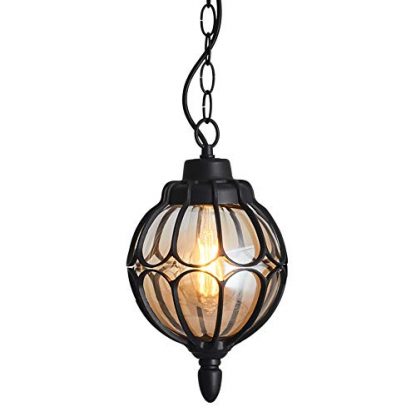 Outdoor Hanging Lantern, Rustic Waterproof Pendant Lighting Fixture in Painted Black Metal with Glass Globe, Exterior Hanging Light for Porch, Exterior, Entryway (Black)