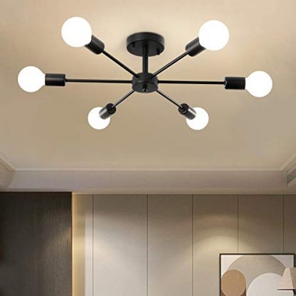 Modern Sputnik Chandeliers 6 Lights, Semi Flush Mount Ceiling Light Black Pendant Lighting for Bedroom Living Room Kitchen Dining Room Restaurant