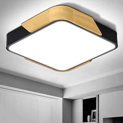 Dehobo Ceiling Lamp Led 24W Cold White 6000K, Modern Square Led Ceiling Lighting 2400LM, Ø30*5cm Flush Mount Led Light Wooden and Metal Black AC85V-265V for Living Room Bedroom Kitchen Hallway Lounge