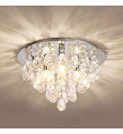 Crystal Ceiling Light,Modern Chandeliers with Crystal Droplets,Chrome Finish,Elegant Flush Mount Ceiling Lighting for Bedroom, Living Room, Bathroom, Hallway