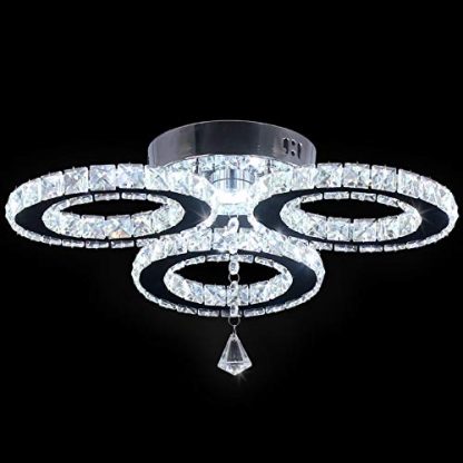 Modern LED Ceiling Light Flush Mount Stainless Steel Chandelier 3 Rings Crystal Pendant Light Fixture for Bedroom Livingroom (Cool White)