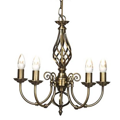 Kingswood Barley Twist Traditional 5 Light Ceiling Pendant - Antique Brass