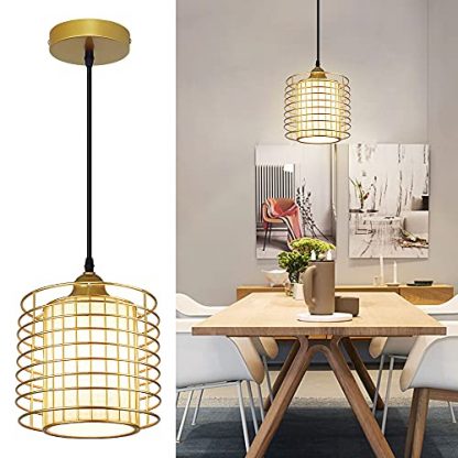 Depuley Iron Cage Ceiling Hanging Light Fixture,Retro Gold Pendant Lighting with Beige Fabric Lamp Shade,Adjustable Pendant Lamp with E27 Base for Kitchen Island,Dining Room,Hallway,Cafe(No Bulb)