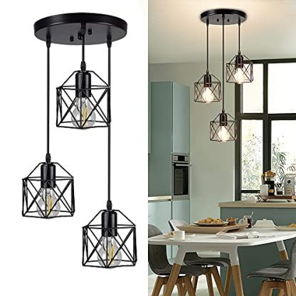 Depuley Hanging Pendant Lights, Vintage 3-Lights Ceiling Lamp, Industrial Flush Mount Ceiling Lighting Fixture, Black Geometric Ceiling Hanging Lamp for Kitchen, Dining Room, Hallway, Doorway