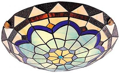 Home Supplies Tiffany Style Ceiling Fixture Flush Mount Ceiling Light Mediterranean Handmade Stained Glass Shade for Living Room Dining Room Hallway Loft (12in)